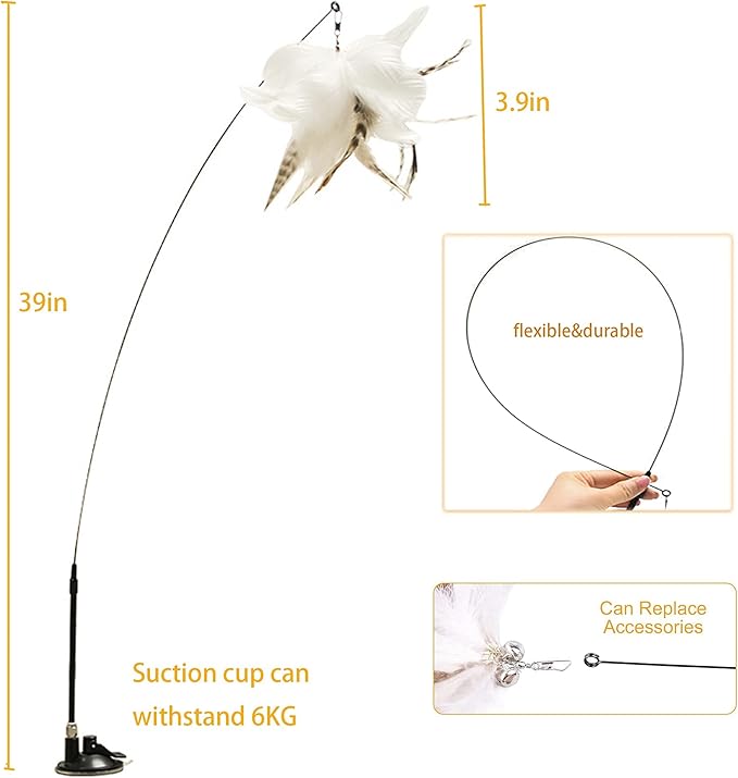 Cat Toys Interactive Cat Feather Wand , Powerful Suction Cup, 4Pcs Natural Feathers and1 Cat Wand Toy , for Indoor Kitty Old Cat Exercise