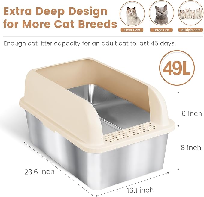 8" Deep Stainless Steel Litter Box with 49L Litter Capacity, Extra Large High Sided Cat Litter Box with Lid, Stainless Steel Cat Litter Box for Big Multiple Cats, Metal Cat Litter Pan Tray, Easy Clean