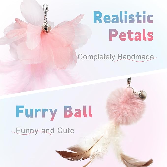 SONGWAY Cat Wand Toys for Indoor Cats - Cat Feather Toys with Retractable Cat Stick and 6 PCS Fairy Cat Teaser Toy Refills, Butterfly Tassel Plush Cat Toys Interactive, Pink