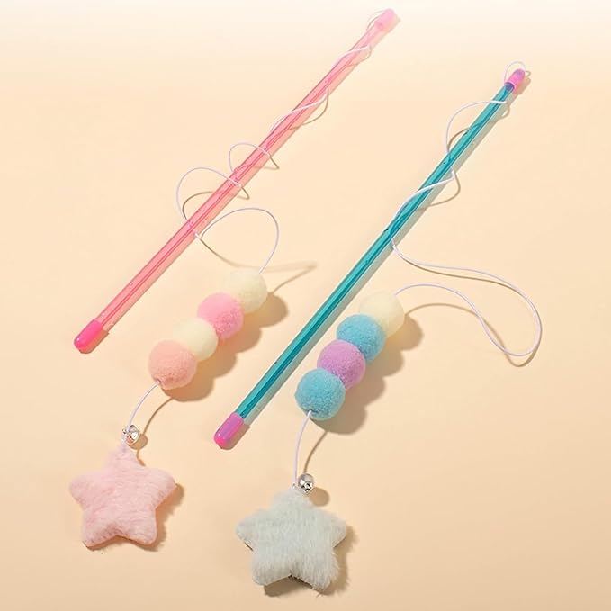 Cat Toy Wand, Pink Cat Stick Toy Elastic Rope Plush Ball Star Pendant, Bite-Resistant Comfortable Grip Relieve Boredom, Handmade Kitten Teaser Wand Cat Mice and Animals Toys