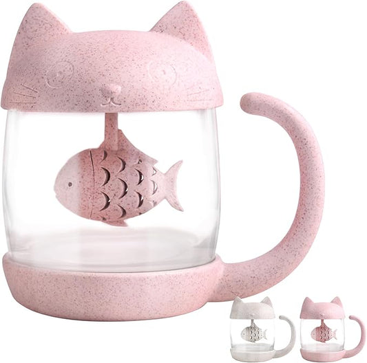 BigNoseDeer Cat Tea Cup Cute Mug Glass Pot with Fish Infuser for Loose Leaf Tea (Pink 8oz)