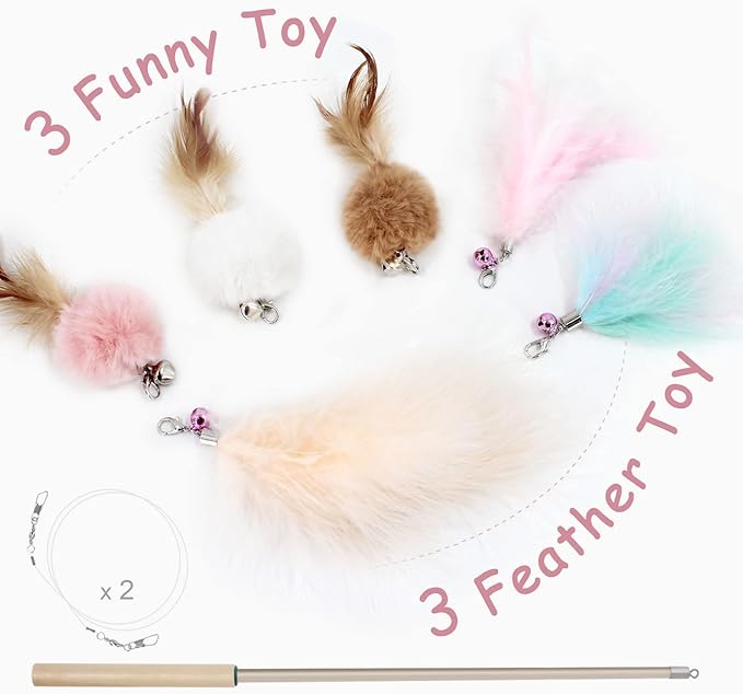 SONGWAY Cat Interactive Feather Toys - 7 PCS Cat Toys Set for Indoor Cats, Retractable Cat Wand Toy, Cat Feather Toys with Bell,Replaceable Cat Feather Tail Toy, Kitten Toy Gift, Pink