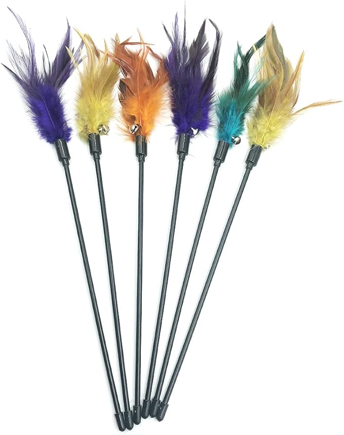 IUHKBH Cat Wand Toys, 6 PCS Interactive Cat Teaser Wand Cat Feather Toys with Bell for Indoor Cats, Kitties