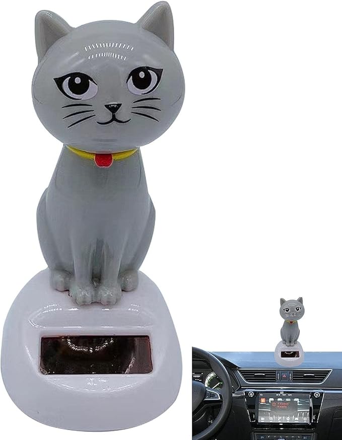 BWESOO Gray Cute Solar Powered Dancing Cat Figure - Swinging Solar, Cat Figurine Statue Swinging Car Dashboard Decoration Ornaments Dancing Car Dashboard Office Home Desk Decor