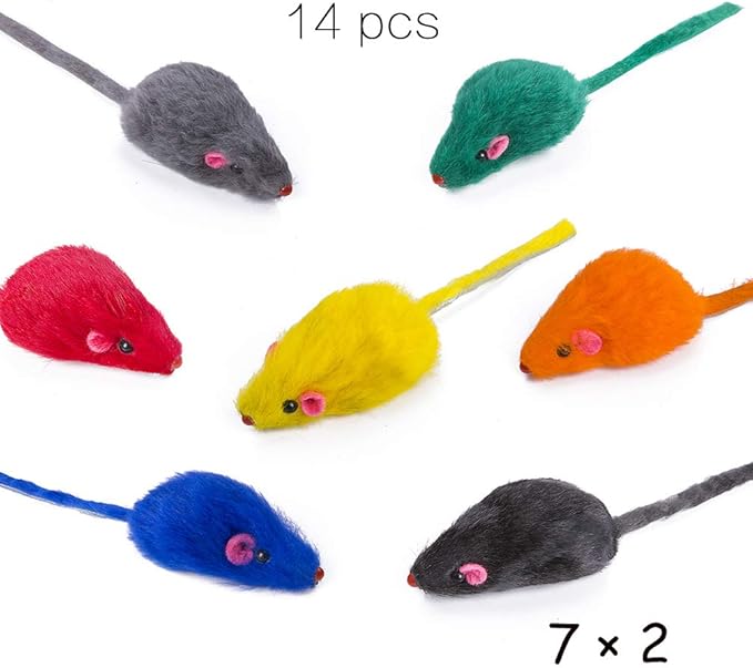 Yangbaga Mice Rattle 14 Pack, Cat Toys Rainbow Mice for Cats and Kittens (14 pcs Rainbow mices)