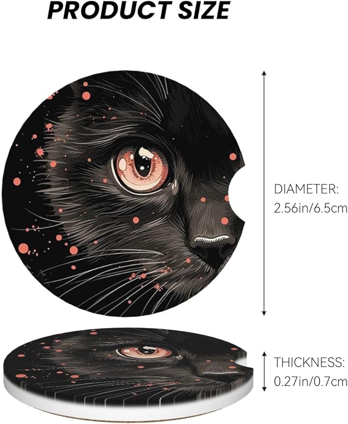 Absorbent Ceramic Car Coasters for Cup Holders, Black Cat Design 2.56" Anti Slip Universal Drink Cup Coasters for Women Men (2 Pack)