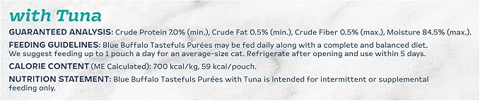 Blue Buffalo Tastefuls Purées with Tuna, Natural Cat Food Complement, Resealable Twist Cap Pouches, 3-oz (12 Count)