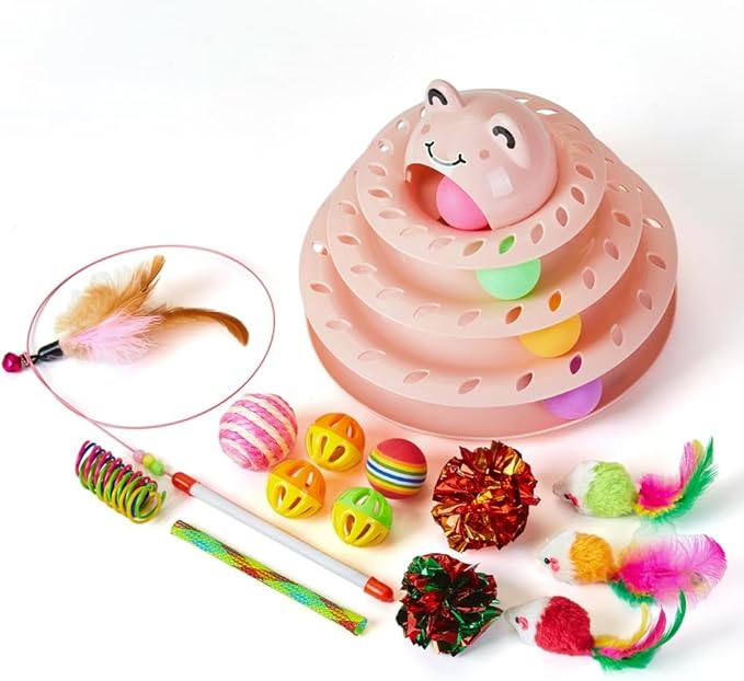 Suhaco Interactive Cat Toys for Indoor Cats Pack of 17 Fun Roller 4 Level Cat Tower with Cute Stickers Turntable Kittens Ball Teaser Toy (Pink 17Pcs)