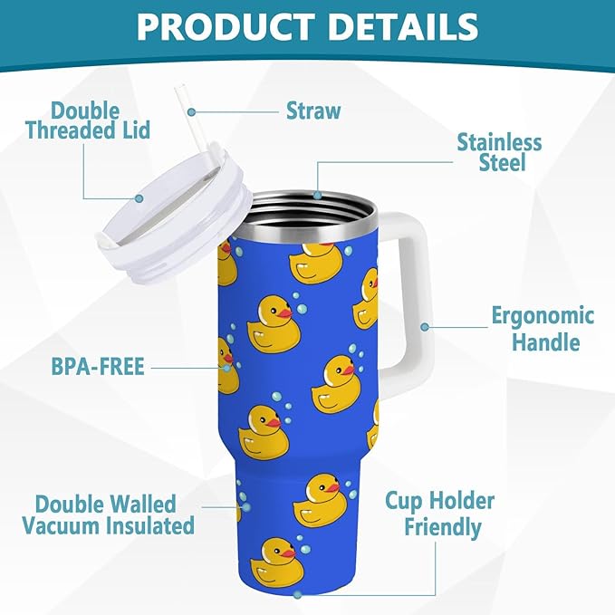 Boccsty Rubber Yellow Duck Blue Insulated Tumblers Reusable Stainless Steel Tumbler 30 oz Cup Coffee Travel Mug Water Bottle with Handle & Flip Straw for Home Office Car