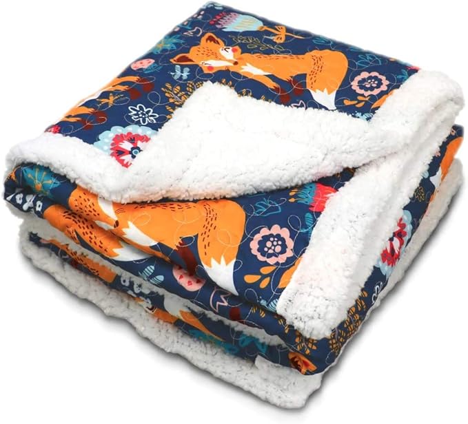 Lush Decor Pixie Fox Reversible Sherpa Throw Blanket, 50” W x 60"L, Navy & Orange- Quilted Toddler Blankets For Boys Or Girls - Colorful Florals- Soft & Fluffy Kids Blanket For Bed, Couch Or Chair