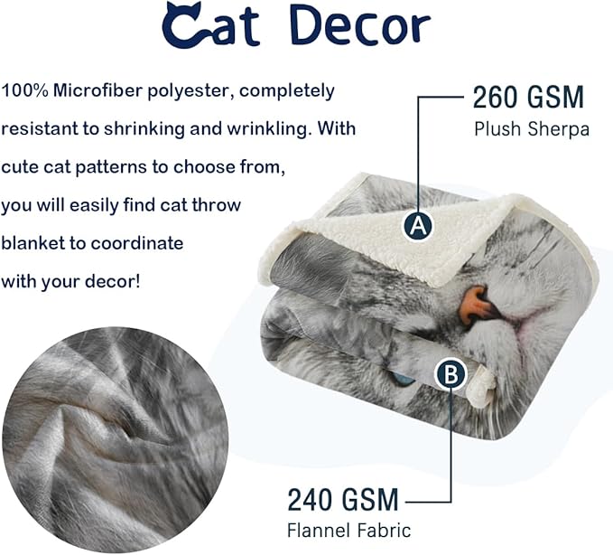 SOULZZZ Gray Cat Blankets for Cat Lovers Kids & Adults Cute Grey Cat Fleece Sherpa Blanket for Bed Chair Couch Travel Cat Themed Gifts for Women & Girls (50x60 Inches)