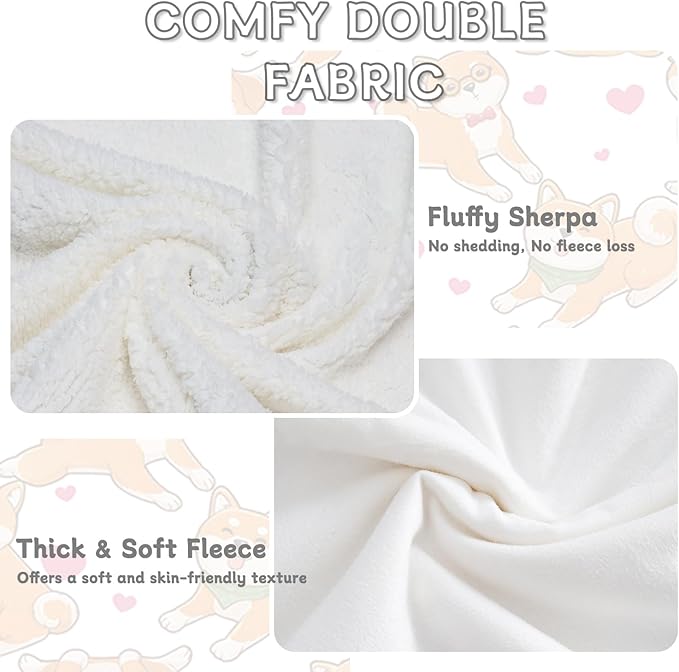 BlessLiving Cute Watercolor Dogs Pattern Fleece Blanket Shiba Inu Puppy Sherpa Reversible Throw Animal Print Plush Blanket (Twin, 60 x 80 Inches)