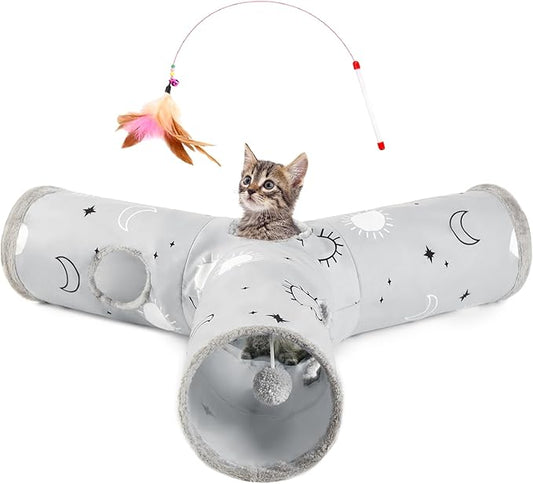 Love's cabin Large Cat Tunnel Toy 3 Way Collapsible, Cat Tunnels for Indoor Cats Large, Cat Play Tunnel with 4 Peek Hole Plush Ball & Feather Toy for Cat, Kitty, Kitten, Rabbit, Puppy Gray Sun