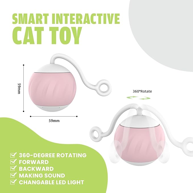 Auto Rolling Cat Ball Toy - Interactive Self Moving Automatic Cat Toy with Tail Feather Attachments - Slow & Fast Speed, LED Rainbow Lights, Sound & Touch Activated - USB-C Rechargeable