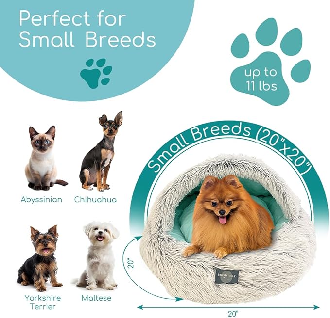 TrustyTailz Cozy Cave Dog Bed and Cat Cave Bed with Hooded Cover, Snap-in Frame, Washable and Removeable, Plush Grey Fluffy Cover Indoor Cats or Small Dog Beds, Non-Slip Base (Small)