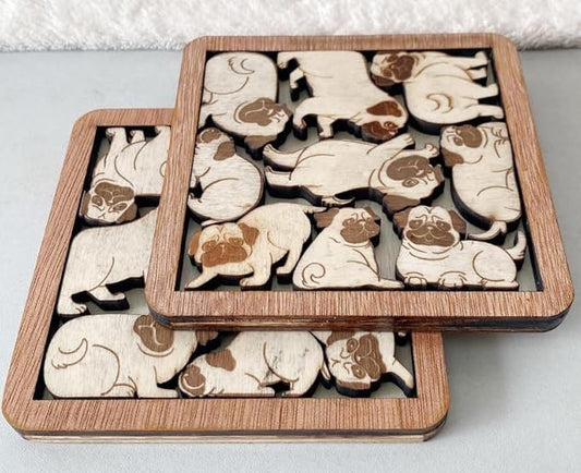 02 Pug Dog Coaster - Pug Dog Puzzle Wooden Coaster Set - Interlocking Jigsaw Drink Mats with Laser-Cut Design for Pug Lovers (Pug Dog)
