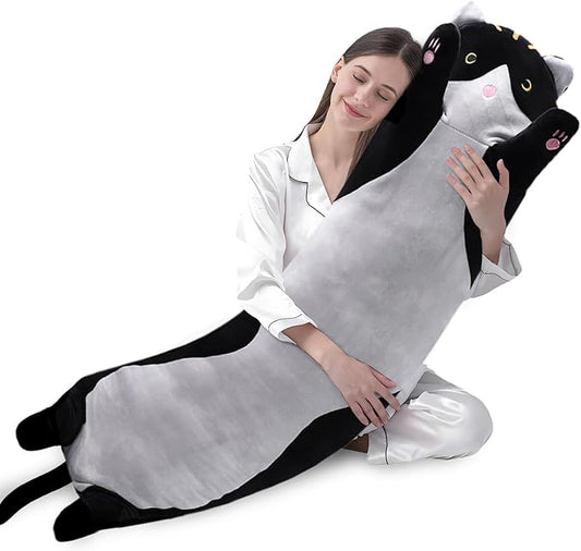 shangman Lovely Plush Cat Doll - Cute Cartoon Soft Stuffed Kitten Pillow, Long Throw Sleeping Pillow, Valentine’s Day Gift for Kids & Girlfriend (Black, 150cm/59in)