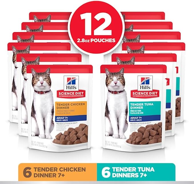 Hill's Science Diet Adult 7+, Senior Adult 7+ Premium Nutrition, Wet Cat Food, Variety Case: Chicken; Tuna Stew, 2.8 oz Pouch Variety Case, Case of 12