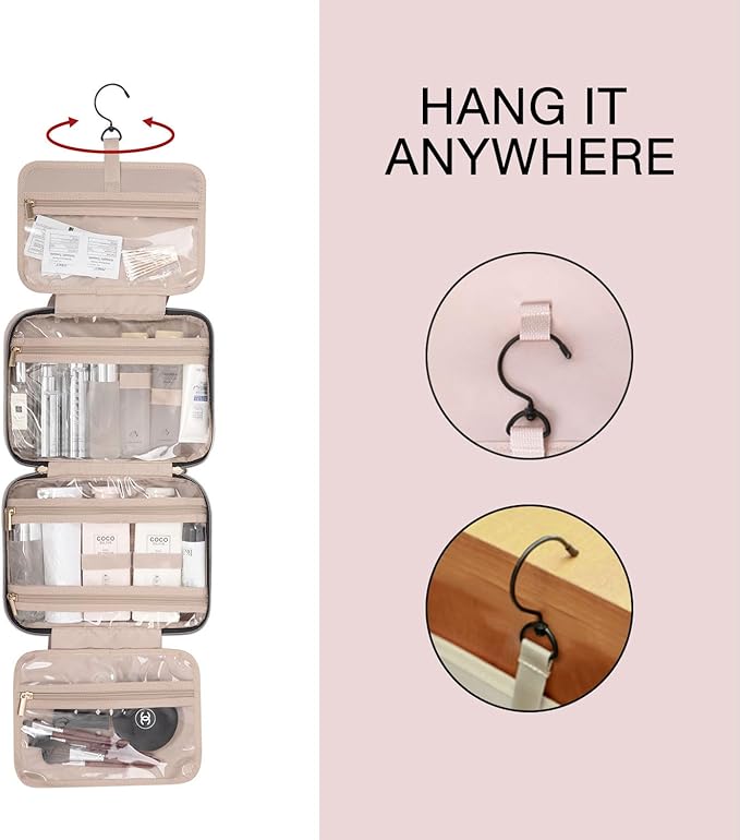 BAGSMART Toiletry Bag Travel Bag with Hanging Hook, Water-resistant Makeup Cosmetic Bag Travel Organizer for Accessories, Shampoo, Full-size Container, Toiletries (Light Pink, Medium)