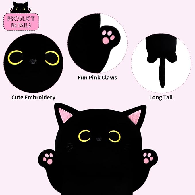 Long Cat Plush Long Cat Body Pillow, 31" Kawaii Cartoon Cat Stuffed Animals Soft Cat Plushie, Cute Black Cat Plush Pillow Cuddle Pillow Stuffed Cat Toys for Kids Birthday