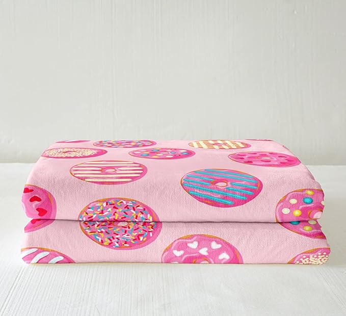 Feelyou Girls Donuts Blanket Pink Chocolate Doughnut Throw Blanket Whimsical Dessert Fleece Blanket for Couch Bed Sofa Decor Bright Kawaii Food Sherpa Blanket Fuzzy Blanket Twin 60"x80"