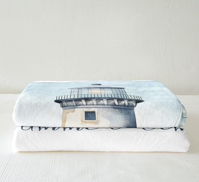 Nautical Fleece Throw Blanket - Ocean Watercolor Themed Lighthouse Sherpa - 40x50 Summer Beach Decor for Bedroom, Luxury White Light Blue
