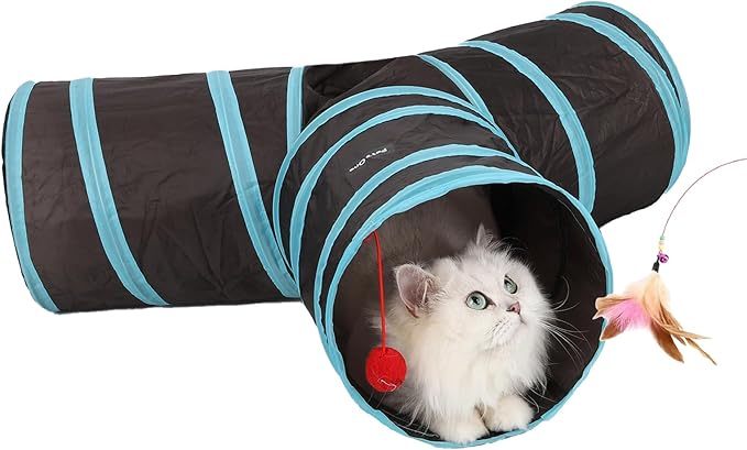 3 Way Cat Tunnel and Tube, Cat Tunnels for Indoor and Outdoor Cats, Collapsible Cat Tunnels with Peek Hole for Cat, Puppy, Kitty, Rabbit, Puppy (T-Shaped Black-Blue)