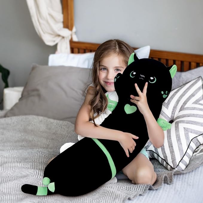 Giant Green Cat Pillow - Plush Long Body Kitten Pillow, Cute Stuffed Animal for Kids & Girlfriends (50cm/19.6inch)