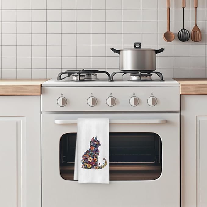 Flower Cat Kitchen Towel, Floral Cat Hand Towel for Bathroom Decor, Kitten Dish Tea Towel for Kitchen Decor, Pet Gifts for Kitten Lovers Women Girls, 16x24 Inches