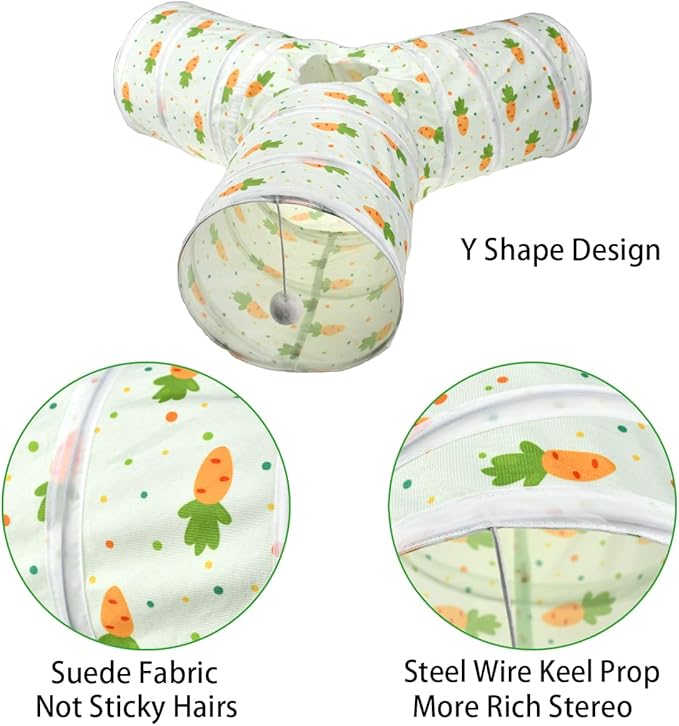 Vehomy Bunny Rabbit Tunnels Rabbit Cat 3 Way Collapsible Tunnel with Cute Carrot Patterns Small Pet Hideout Activity Tunnel Tube Toy for Bunny Kitten Cat Dwarf Guinea Pig Y Shape