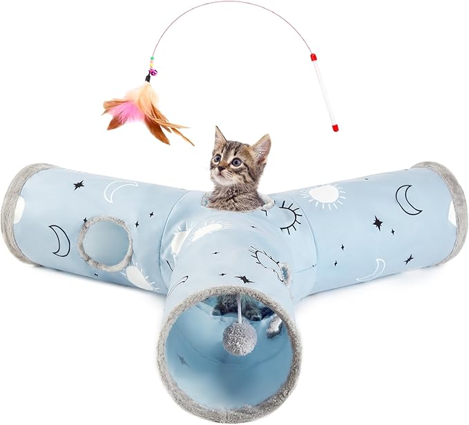 Love's cabin Large Cat Tunnel Toy 3 Way Collapsible, Cat Tunnels for Indoor Cats Large, Cat Play Tunnel with 4 Peek Hole Plush Ball & Feather Toy for Cat, Kitty, Kitten, Rabbit, Puppy Blue Sun