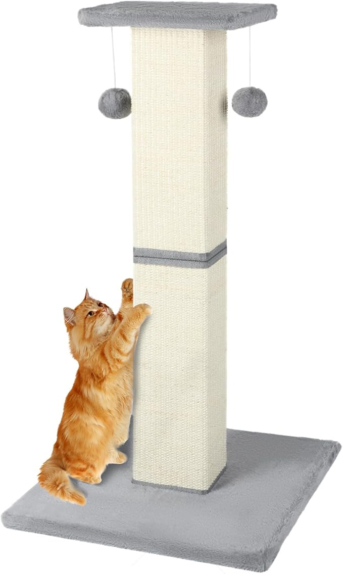 Cat Scratching Post,32 Inch Heavy Duty and Thicker Cat Scratching Post with Jumping Platform,Tall Cat Scratching Posts for Indoor Cats Adults,Wear-Resistant and Non-Scratch(Grey)