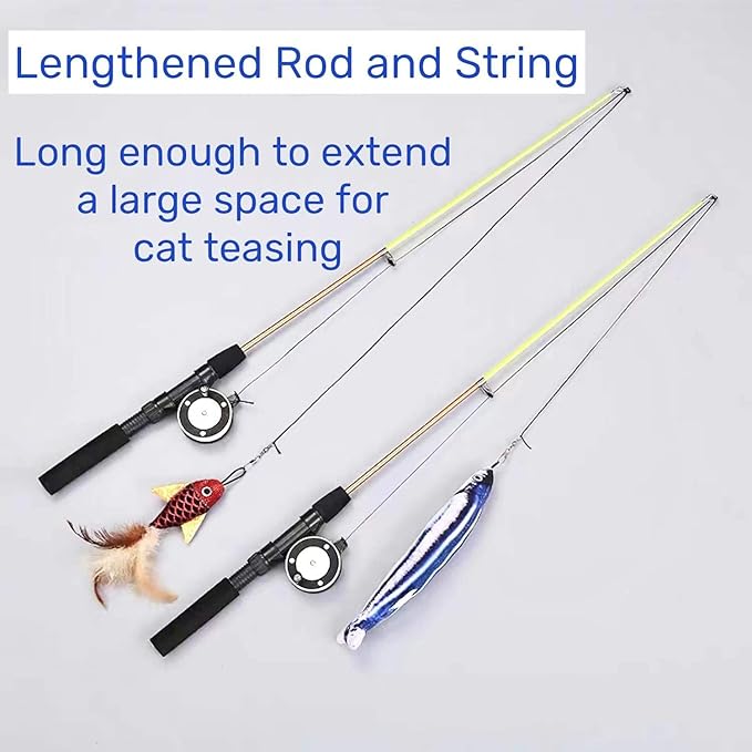 Cat Fishing Pole Toy, Interactive Cat Teaser Wand, Retractable Fishing Pole Cat Toy with Reel, Cat Pole for Indoor Cats, Cat Fishing Rod Catcher for Kitty Kitten Cat Feather Toy Mouse