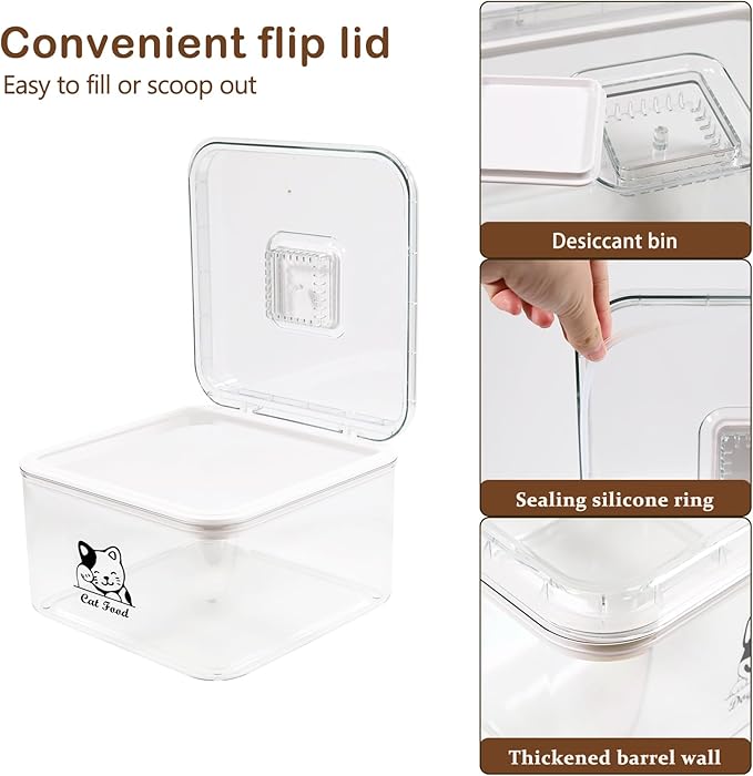 Cat Food Storage Container with Scoop,Plastic Pet Food Container With Flip Up Lid,Cat Food Treats Storage Bin,Keep Food Dry and Fresh,Stackable,Hold up to 6~7Lbs-BPA Free