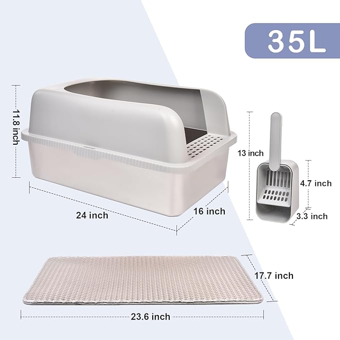 2 Pack Stainless Steel Cat Litter Box with Lid, 24" L x 16" W x 11.8" H, Extra Large Litter Box for Big Cats with High Sided, Anti-Urine Leakage, Easy Cleaning, Include Cat Mat and Scoop