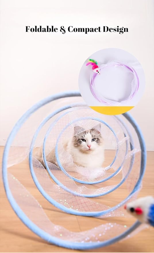 Collapsible Cat Tunnel, Funny Cat Tunnels for Indoor Cats, Foldable Cat Play Tunnel, Interactive Toy Maze Cat Toy with Play Ring for Cats, Puppy, Kitty, Rabbit (Blue)