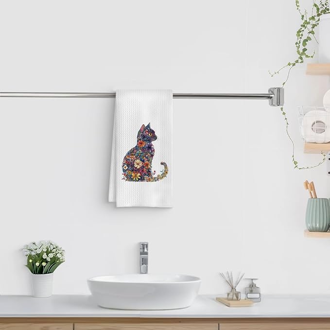 Flower Cat Kitchen Towel, Floral Cat Hand Towel for Bathroom Decor, Kitten Dish Tea Towel for Kitchen Decor, Pet Gifts for Kitten Lovers Women Girls, 16x24 Inches