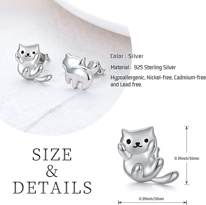 925 Sterling Silver Cat Earrings Cute Animal Kitten Stud Earrings cat Jewelry Gifts for Women Girls Hypoallergenic Earrings for Sensitive Ears