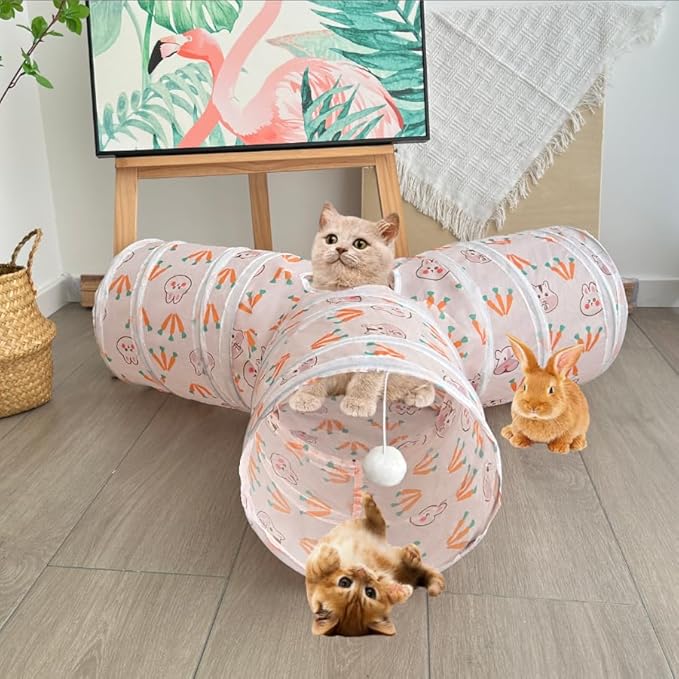 Cat Tunnel Tube Toys, Rabbit Pattern Tunnels for Indoor Cats, 3 Way Collapsible Interactive Toy Maze House with Peek Hole Dangling Ball for Rabbit, Kitten, Kitty, Puppy