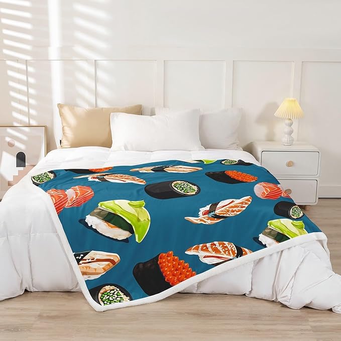 Sushi Pattern Plush Blanket Japanese Style Fleece Throw Blanket for Sofa Couch Bed Food Theme Sherpa Blanket Room Decor Cute Cartoon Japanese Sushi Fuzzy Blanket King 87x95 Inch