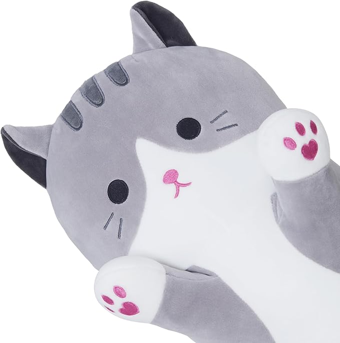 Soft Cat Plush Pillow, Grey Long Cat Stuffed Animals Soft Long Kitten Plushies Kawaii Cat Stuffed Plush Toy for Kids Girlfriend(110cm/43.3inch)