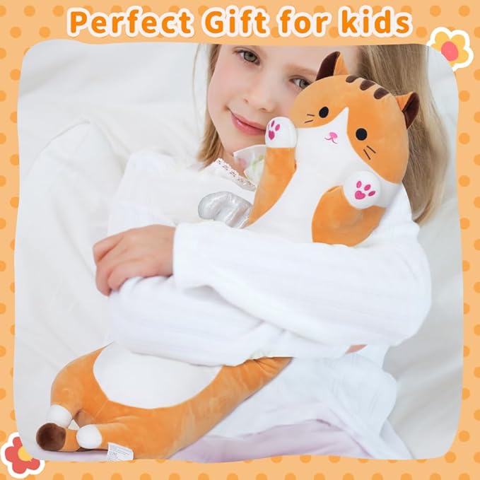 Cute Cat Plush Pillow, Yellow Long Cat Stuffed Animals Soft Long Kitten Plushies Kawaii Cat Stuffed Plush Toy for Kids Girlfriend(70cm/27.5inch)