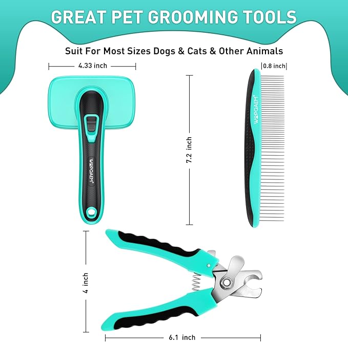 Dogs Self-Cleaning Slicker Brush for Shedding Long & Short Haired Cats, Safe Painless Bristles Removes Loose Undercoat, Tangled For All Size Pet, Grooming Set. Free Pet Comb + Nail Clippers