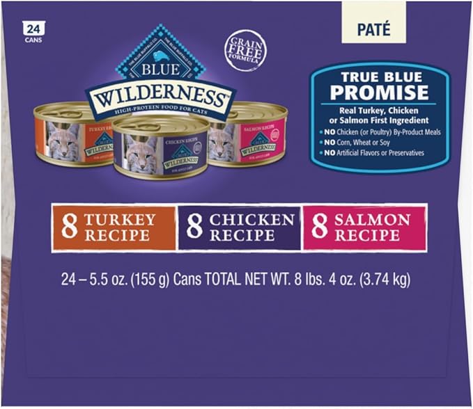 Blue Buffalo Wilderness High Protein, Natural Adult Pate Wet Cat Food Variety Pack, Chicken, Salmon, Turkey 5.5-oz can (24 count - 8 of Each Flavor)