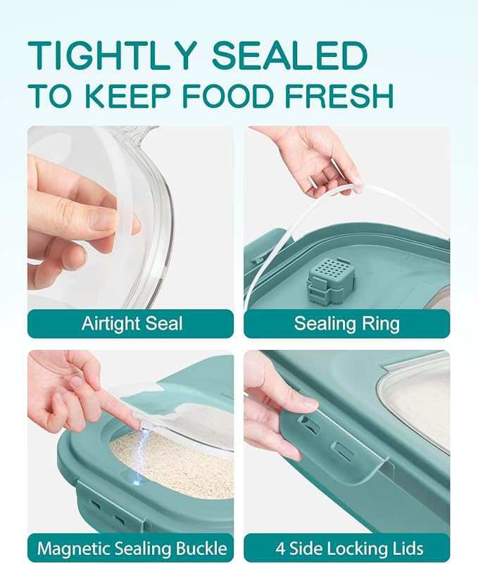 20-30 Lbs Rice Storage Container,Collapsible Food Storage Containers with Rolling Wheel Airtight Locking Lid,Flour Storage Container with Cup and Scoop,Suitable for Food,Rice,Pet Food,Flour