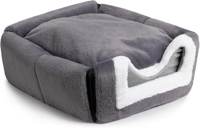 Hollypet Fluffy Cat Bed, 2 in 1 Foldable Cave House Animal Shaped Nest Pet Sleeping Bed, Deep Gray