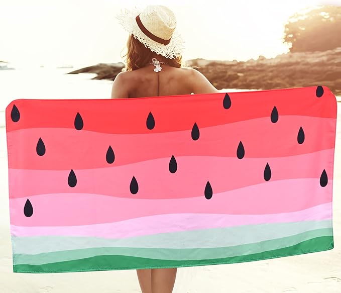Watermelon Microfiber Beach Towel, 24"x48", Small, Lightweight, Quick Dry, Sand Free, Perfect for Kids, Girls, Women, Red Watermelon Design, Ideal Swim, Bath, Pool Towel, Unique Watermelon Gifts