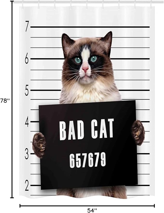 Ambesonne Cat Stall Shower Curtain, Bad Gang Cat in Jail Kitty Under Arrest Criminal Prisoner Hangover Work, Fabric Bathroom Decor Set with Hooks, 54" W x 78" L, Brown Black White