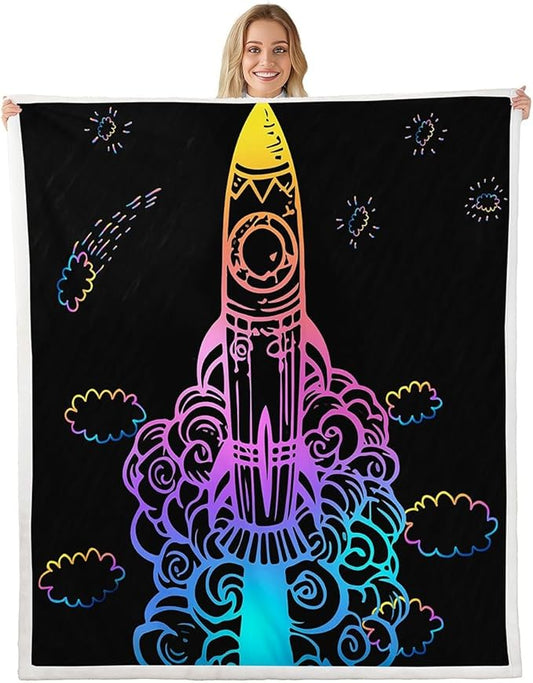 Rocket Sherpa Blanket Space Rocket Plush Blanket for Sofa Couch Bed Planet Space Ship Design Fleece Throw Blanket Universe Planets Fuzzy Blanket Bedroom Decor Baby 30x40 Inch