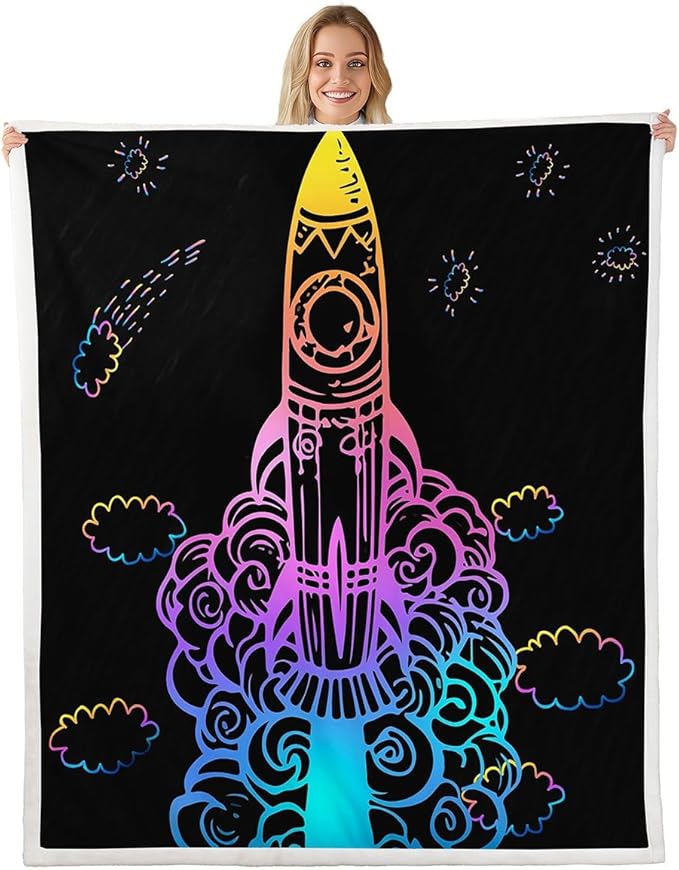 Rocket Sherpa Blanket Space Rocket Plush Blanket for Sofa Couch Bed Planet Space Ship Design Fleece Throw Blanket Universe Planets Fuzzy Blanket Bedroom Decor Queen 90x90 Inch